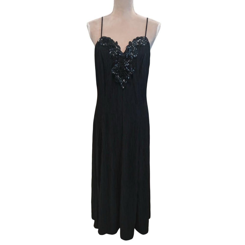 Vtg Black Crinkle Sequin V-Neck Midi Dress Spaghetti Strap Evening Gown size 14